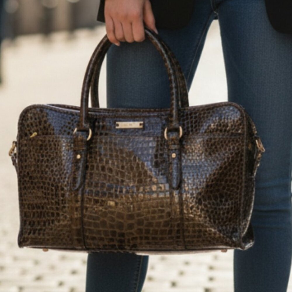 Cole Haan Black Croc Embossed‎ Leather Satchel/Briefcase Women Large Size